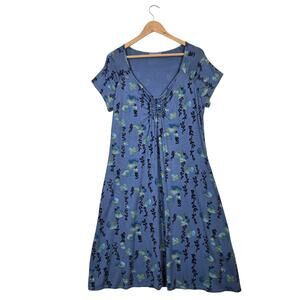 Fresh Produce T Shirt Knit Dress M Blue Floral Ruched Front Short Sleeve Boho